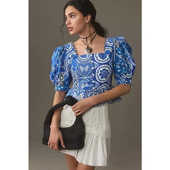 💕FARM RIO💕 Blue Tile Dream Short Sleeve Blouse ~ Floral Large L NWT *DAMAGED* - Picture 5 of 16